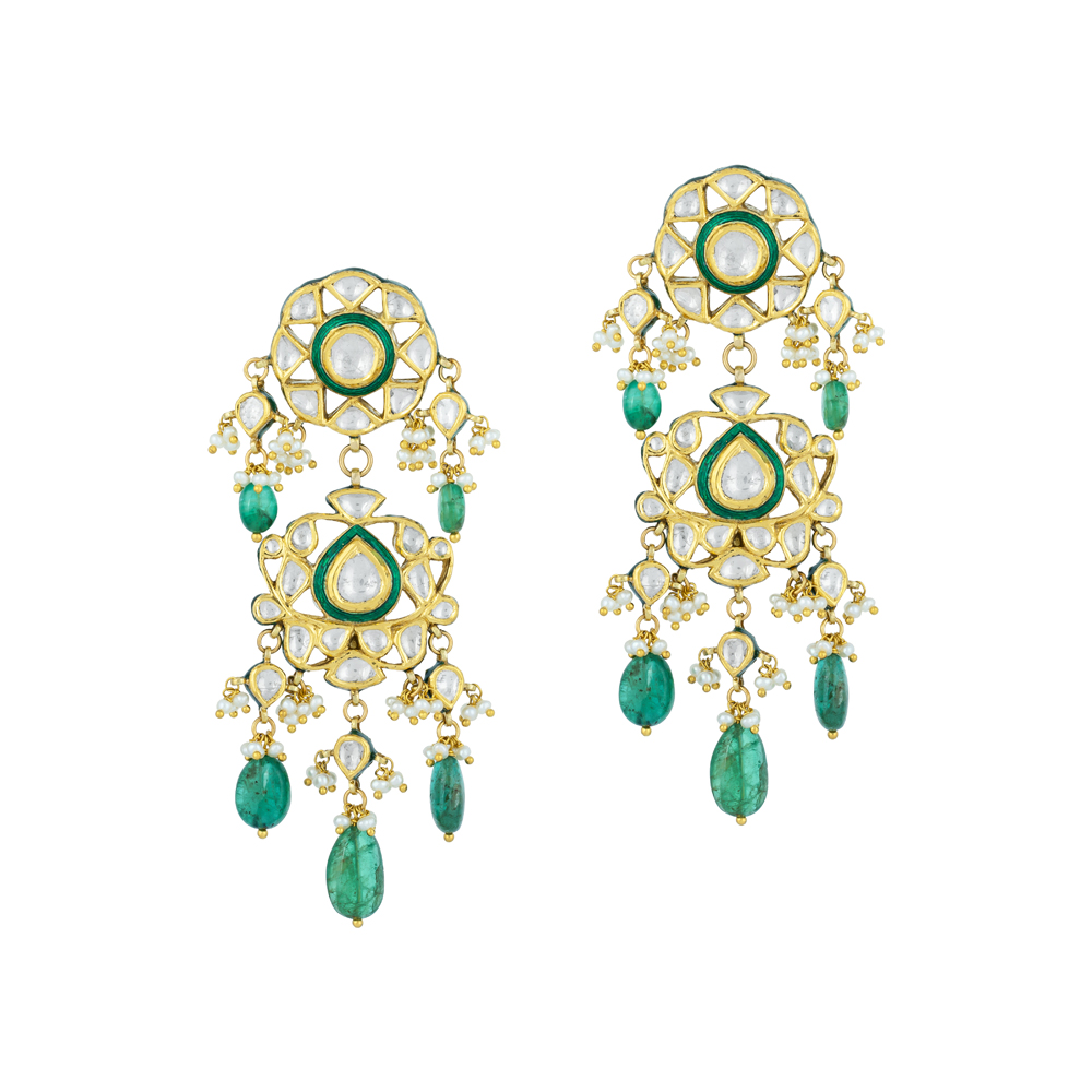 Polki Earrings with Green Enamel, Emeralds & Pearl Bunches